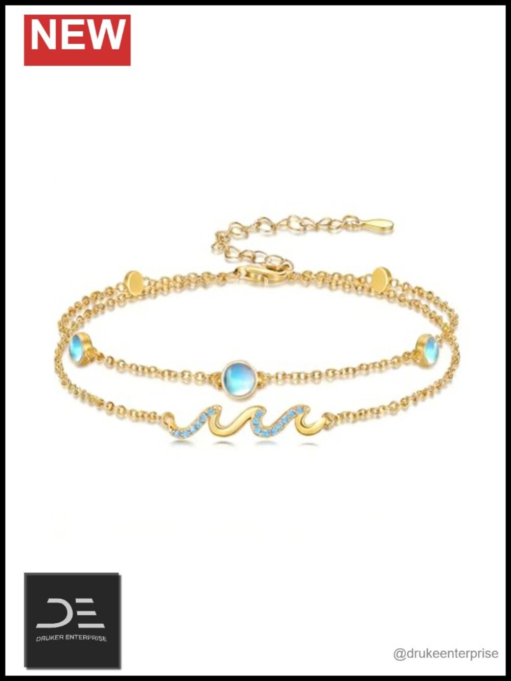 925 Sterling Silver Moonstone Wave Charm Adjustable Bracelet